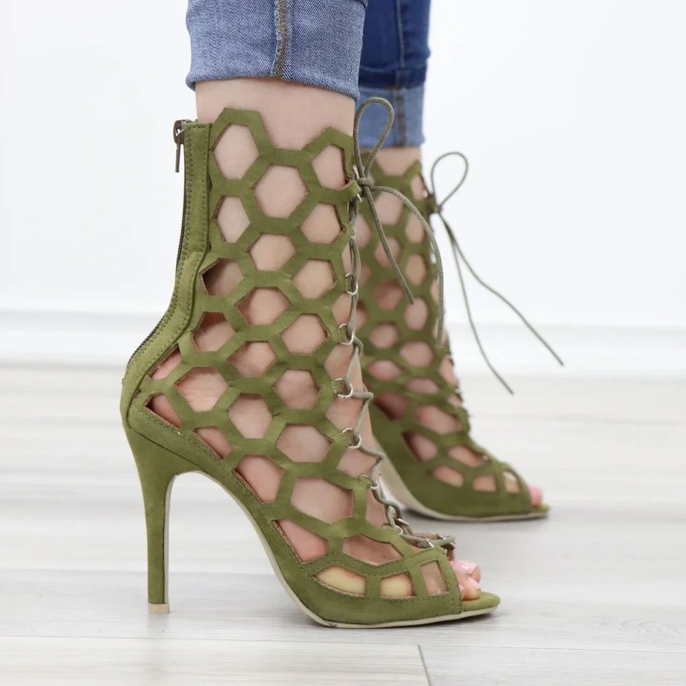 Lace-Up Strappy Olive Gladiator Suede Open Toe Needle High Heel Stiletto Sandals - Picture 6 of 11